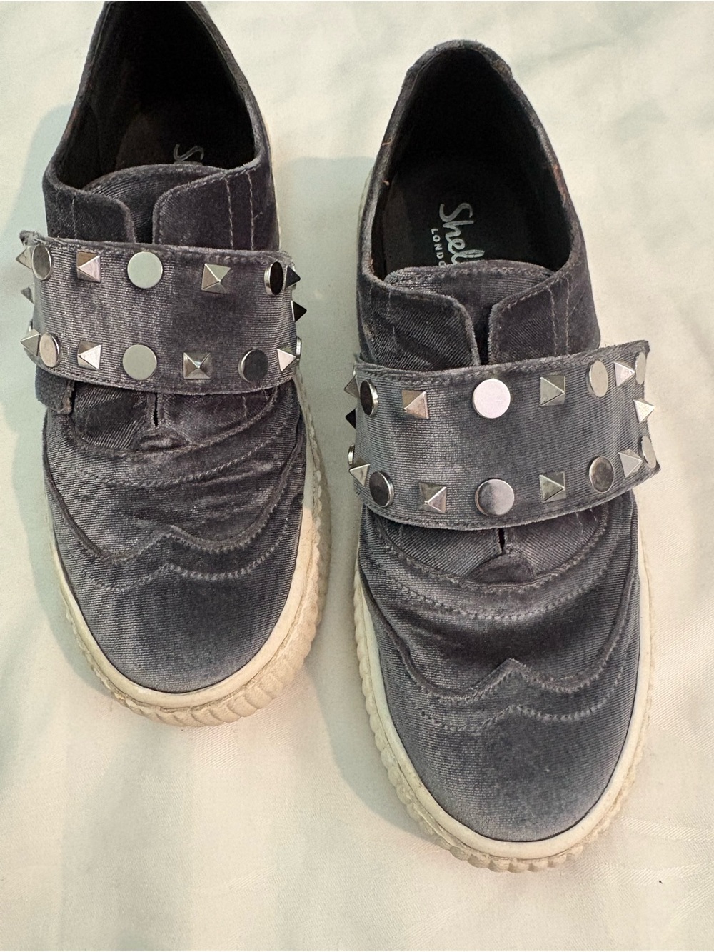 Shellys London Gray Velvet Stud-Trim Slip-On Sneakers GUC